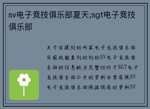 sv电子竞技俱乐部夏天;sgt电子竞技俱乐部